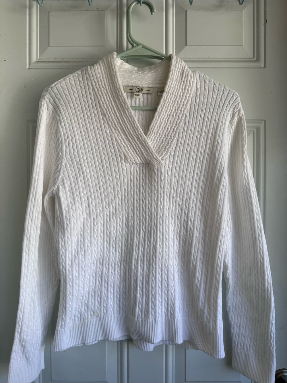 Pia White Cable-Knit Shawl-Collar Sweater